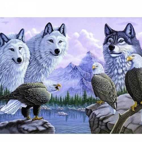 Bshop Pictură cu diamant cu model de lup și vultur 40x30 cm