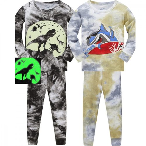 Set de pijamale din bumbac cu mâneci lungi pentru băieți LOLPIP pentru copii de 12 ani 2 buc (rechin și dinozaur)